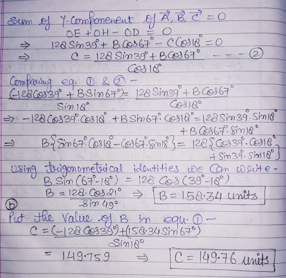 Sum of Y-componenent of A, B, C =0 OE tOH-OD = 0 → 128 Sin 39°+ B.C0367°– C COS 18 = 0 => C = 128 Sin 39° +BCO367° --- CACOS