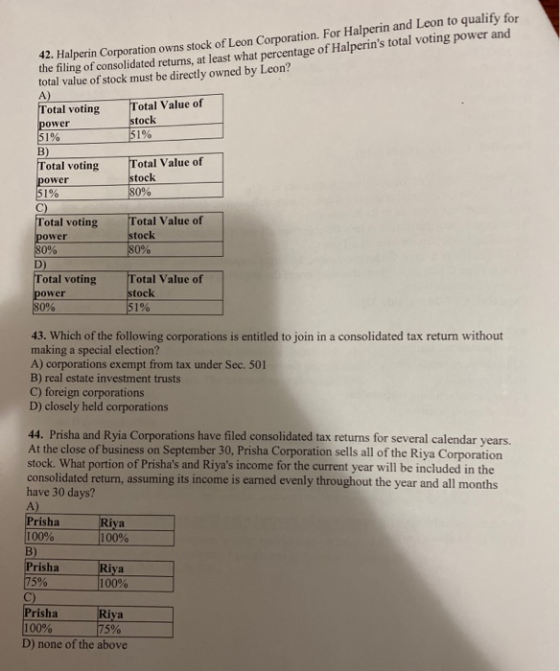 42. Halperin Corporation owns stock of Leon Corporation. For Halperin and Leon to qualify for the filing of consolidated retu