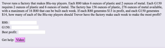 players. Trevor runs a factory that makes Blu-ray players. Each R80 takes 6 ounces of plastic and 2 ounces of metal. Each G150 requires 2 ounces of plastic and 6 ounces of metal. The factory has 156 ounces of plastic, 276 ounces of metal available, with a maximum of 16 R80 that can be built each week. If each R80 generates $13 in profit, and each G150 generates $14, how many of each of the Blu-ray players should Trevor have the factory make each week to make the most profit? requires 2 ounceso R80: G150: Best profit: Get help: Video