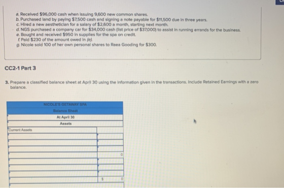 a. Received $96,000 cash when Issuing 9,600 new common shares. b. Purchased land by paying $7,500 cash and signing a note pay