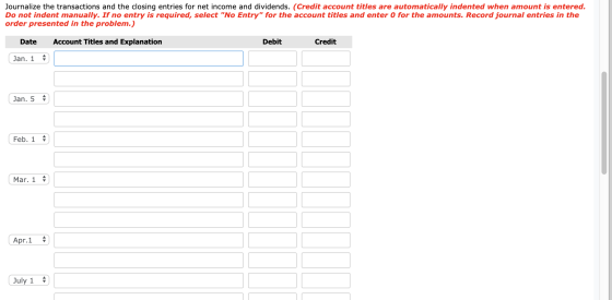 Journalize the transactions and the closing entries for net income and dividends. (Credit account titles are automatically in