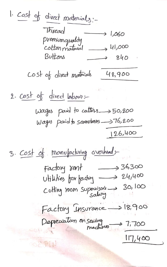 1. Cost of direct materials:- Thread - premium quality cotton material - Buttons - > 1,060 41,000 840 cost of direct material