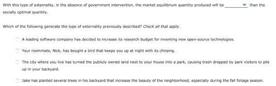 With this type of externality, in the absence of government intervention, the market equilibrium quantity produced will be th