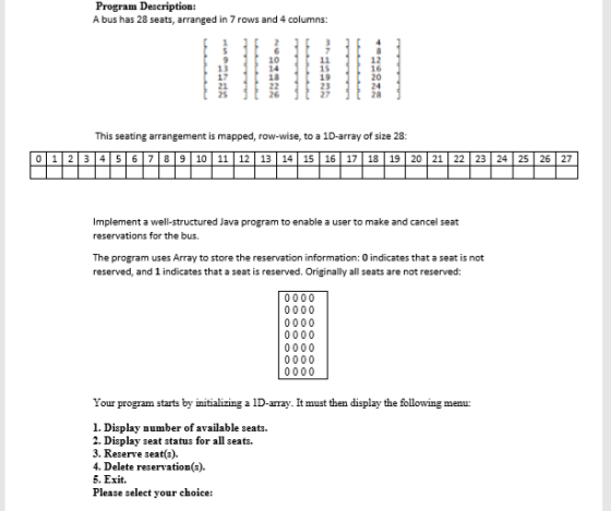 Program Description: A bus has 28 seats, arranged in 7 rows and 4 columns: This seating arrangement is mapped, row-wise, to a