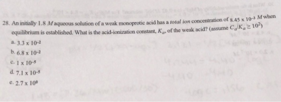 28. An initially 1.8 M aqueous solution of a weak monoprotic acid has a total ion concentration has a total ion concentration