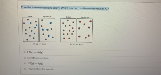 Consider the two reactions below. Which reaction has the smaller value of Ke? 2 A ) - A ) 2 x () X(a) 2 A(B) Az (B) Cannot be