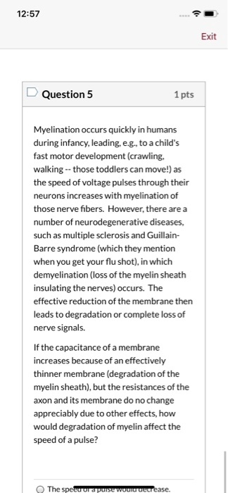 12:57 Exit D Question 5 1 pts Myelination occurs quickly in humans during infancy, leading, e.g., to a childs fast motor dev