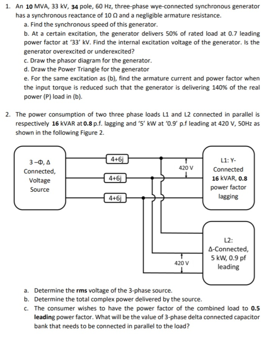 1. An 10 MVA, 33 kV, 34 pole, 60 Hz, three-phase wye-connected synchronous generator has a synchronous reactance of 10 and a