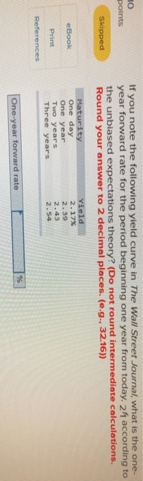 1O points If you note the following yield curve in The Wall Street Journal, what is the one- year forward rate for the period beginning one year from today. 24 according to the unbiased expectations theory? (Do not round intermediate calculations. Round your answer to 2 decimal places. (e.g.. 32.16)) Skipped eBook Print References One day One year Two years Yield 2. 17% 2.39 2.43 2.54 One-year forward rate