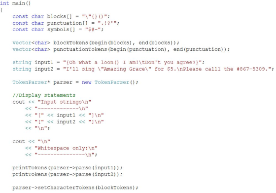 int main () const char blocksl const char punctuation [.1?- const char symbols[] St-; - vector<char> blockTokens (begi