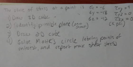 The state of stress at a point is 6x = -6 Exy=9 a 1) Drain 3D cube by=-18 Ty2=0 - 62=-12 Zzx =0 a) Cidentify principle plane