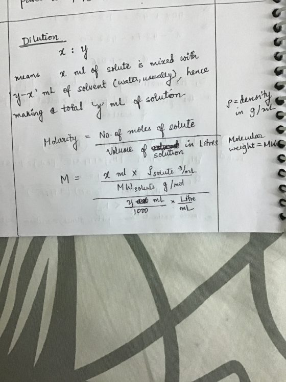 powo Dilution x: Y means x mul of solute is mixed with (y-x mh of solvent (water, usually, hence making a total y me of solu