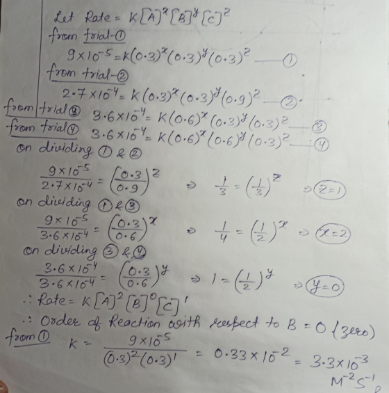 Let Rate = K[A)* [e] Ecz from trial- 9x105_*(0.3) * (0.3% (0.3) ² - 0 from trial- C 2.78104 = K (0.3)*(0.3) (0.9² - foom tria