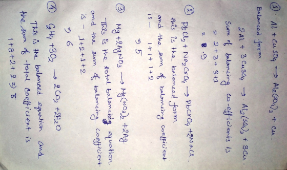 @ Al + CuSO4 -> Alz (504)3 + en Balonced form. 2A2 + 3 CuSO4 →. Al2(S04), f Blu. Sum of balancing co-efficients is. 2 2+3+3+1