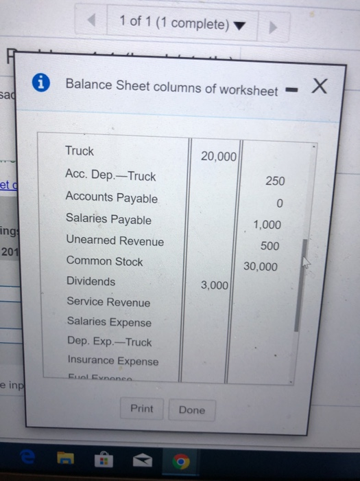 1 of 1 (1 complete) Balance Sheet columns of worksheet - sad X Truck 20,000 et 250 1,000 ing 500 201 30,000 Acc. Dep.-Truck A