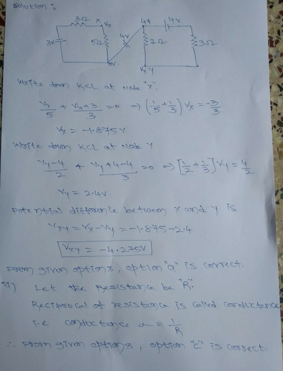 solution 48 34 552 22 UV lurite down ke at Node x. - ( + ) V x = - 3 3 3 3 x = -875V Write dows KCL at Noda y Vy+4-4 - [ +