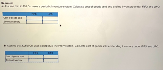 Required: a. Assume that Kuffel Co. uses a periodic inventory system. Calculate cost of goods sold and ending inventory under