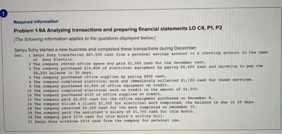 Required information Problem 1-9A Analyzing transactions and preparing financial statements LO C4, P1, P2 (The following info