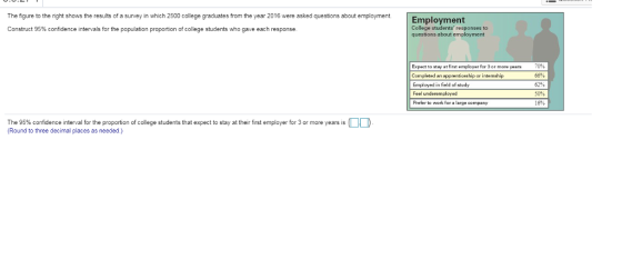 s about employmentEmployment The figure to the right shows the results of a survey in which 2500 college graduates from the year 2016 were asked questions about employment. Construct 95% confidence intervals for the population proportion of college students who gave each response College students responses to questions about employment Expect to gay at first employer for 3 or more years Completed an spprentiesship or intemship Employed in field of study 70% 66% 62% 50% 16% Prefor to work for a large company The 95% confidence interval for the proportion of college students that expect to stay at their first employer for 3 or more years is Round to three decimal places as needed.) O0