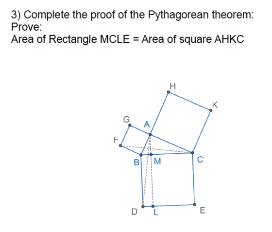 3) Complete the proof of the Pythagorean theorem: Prove: Area of Rectangle MCLE = Area of square AHKC H K G A F B M C D L E