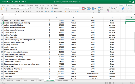 AutoSave OFF Esu = ExcelAnalytics_CostConcepts_Template (1) Home Insert Draw Page Layout Formulas Data Review View Tell me Sh