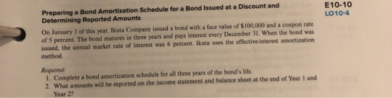 E10-10 LO10-4 Preparing a Bond Amortization Schedule for a Bond Issued at a Discount and Determining Reported Amounts On Janu