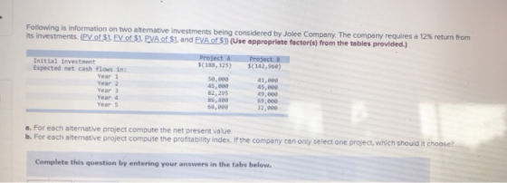 Following is information on two alternative investments being considered by Jolee Company. The company requires a 12% return