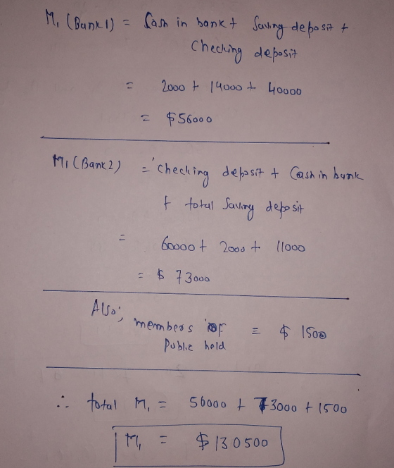 M, (Bank 1) = fast in bonkt Saling deposit + Checking deposit 2000 t 14000 t 40000 $56000 Mi (Bank 2) = checking if totall Sa