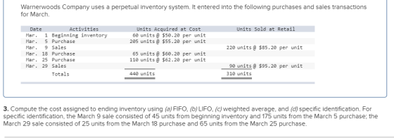 Warnerwoods Company uses a perpetual inventory system. It entered into the following purchases and sales transactions for Mar