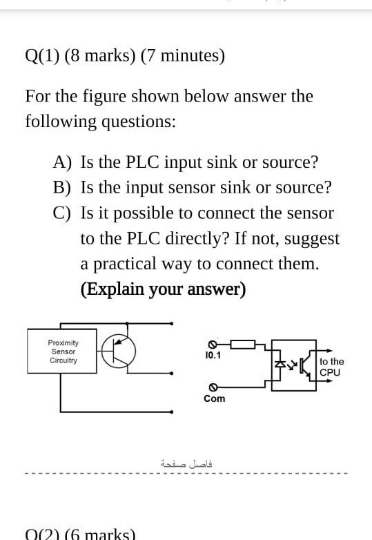 Q(1) (8 marks) (7 minutes) For the figure shown below answer the following questions: A) Is the PLC input sink or source? B)