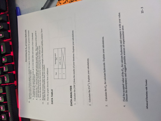 N FN ALT Determining the k, of Calcium Hydroxide 10. Examine your titration graph to identify the region where the pll made t
