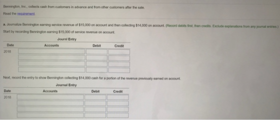 Bennington, Inc., collects cash from customers in advance and from other customers after the sale. Read the requirement a. Jo