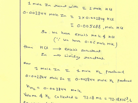 1 mole zu react with = 2 mole rile 0.002844 mole zn ² 2x01002844 Hel . i 0,005688 , mole rile So we have excess mok of nice (