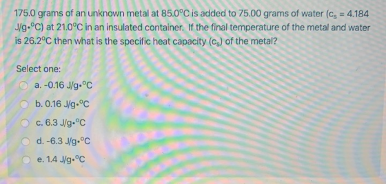 175.0 grams of an unknown metal at 85.0°C is added to 75.00 grams of water (cs = 4.184 J/g.°C) at 21.0°C in an insulated cont