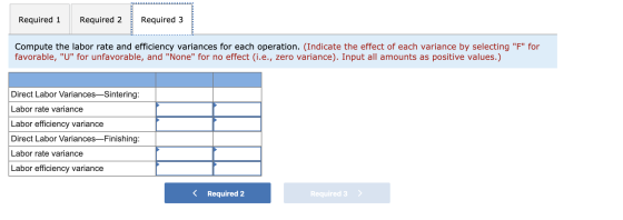 Required 1 Required 2 Required 3 Compute the labor rate and efficiency variances for each operation. (Indicate the effect of