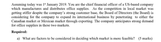 Assuming today was 1 January 2019. You are the chief financial officer of a US-based company which manufactures and distribu