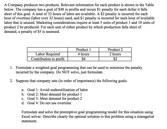 A Company produces two products. Relevant information for each product is shown in the Table below. The company has a goal of $48 in profits and incurs $1 penalty for each dollar it falls short of this goal. A total of 32 hours of labor are available. A $2 penalty is incurred for each hour of overtime (labor over 32 hours) used, and $1 penalty is incurred for each hour of available labor that is unused. Marketing considerations require at least 5 units of product 1 and 10 units of product 2 be produced. For each unit of either product by which production falls short of demand, a penalty of $5 is assessed Labor Required Contribution to profit Product 1 4 hours $4 Product 2 2 hours $2 Formulate a weighted goal programming that can be used to minimize the penalty incurred by the company. Do NOT solve, just formulate. 1. 2. Suppose that company sets (in order of importance) the following goals: a. Goal 1: Avoid underutilization of labor b. Goal 2: Meet demand for product 1 c. Goal 3: Meet demand for product 2 d. Goal 4: Do not use overtime Formulate and solve the preemptive goal programming model for this situation using Excel solver. Describe clearly the optimal solution to this problem using a managerial statement.