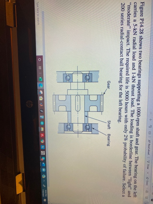 A Read aloud Draw Erase Figure P14.28 shows two bearings supporting a 1000-rpm shaft and gear. The bearing on the left carrie