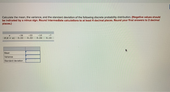 Calculate the mean, the variance, and the standard deviation of the following discrete probability distribution. (Negative values should be Indicated by a minus sign. Round Intermediate calculations to at least 4 decimal places. Round your final answers to 2 decimal places.) -7 Plx-x) О.33 0.33 0.24 0.10 -36 -22-10 Mean Standard deviation