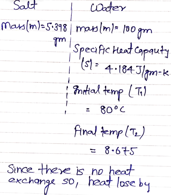Salt - Water mars (ml=5.398 mars (m/= 100gm. gm Specific Heat Capauty ($1= 4:1845[gm-k i nitial temp (Til = 80°C final temp (