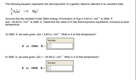 The following equation represents the decomposition of a generic diatomic element in its standard state. Assume that the stan