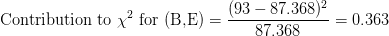 \text{Contribution to}\ \chi ^2\text{ for (B,E)} = \frac{(93-87.368)^2}{87.368} = 0.363