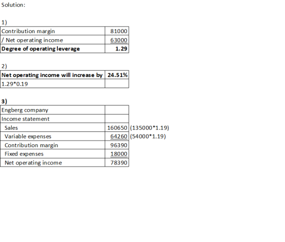 Solution: Contribution margin / Net operating income Degree of operating leverage 81000 63000 1.29 L Net operating income wil