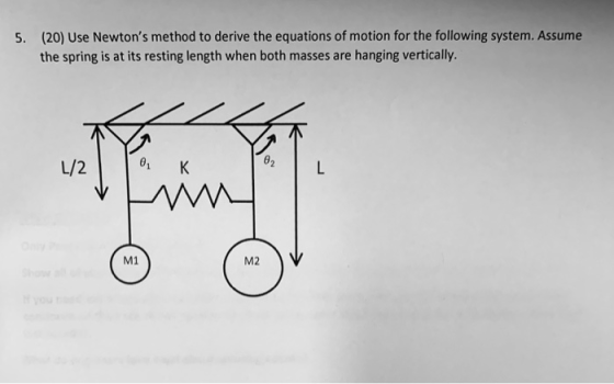 5. (20) Use Newtons method to derive the equations of motion for the following system. Assume the spring is at its resting l