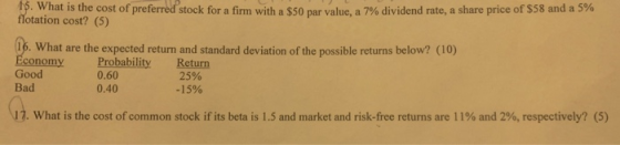 19. What is the cost of preferred stock for a firm with a $50 par value, a 7% dividend rate, a share price of $58 and as flot