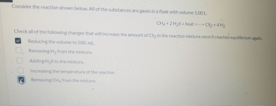 Consider the reaction shown below. All of the substances are gases in a flask with volume 1.00 L. CH4 + 2 H2S + heat <---> CS