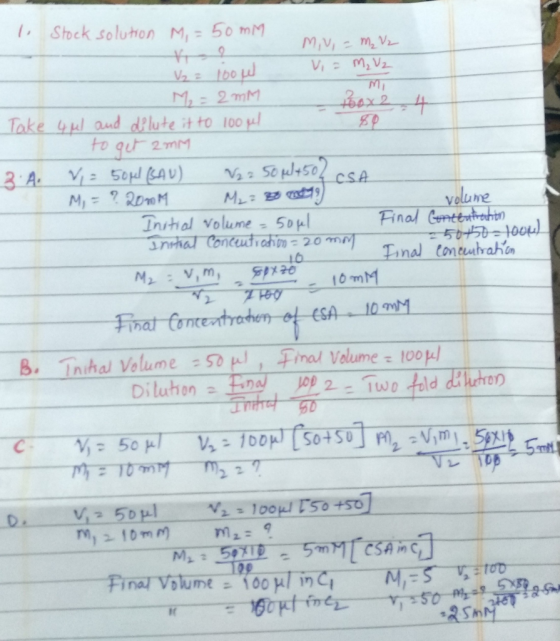 mi 8 final concentration M2 = N m, spyz0o 1 Stock solution M, = 50mm mv, - m₂ V2 V2 = 100w V = M₂ V2 M - 2 mM - Toox 2 - 4 Ta