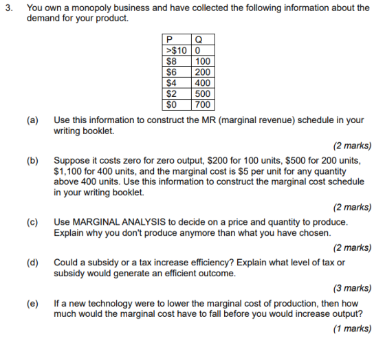 3. You own a monopoly business and have collected the following information about the demand for your product. $10 0 $8100 $6200 $4400 $2 500 $0700 (a) Use this information to construct the MR (marginal revenue) schedule in your writing booklet. (2 marks) (b) Suppose it costs zero for zero output, $200 for 100 units, $500 for 200 units, $1,100 for 400 units, and the marginal cost is $5 per unit for any quantity above 400 units. Use this information to construct the marginal cost schedule in your writing booklet. (2 marks) (c) Use MARGINAL ANALYSIS to decide on a price and quantity to produce Explain why you dont produce anymore than what you have chosen (2 marks) (d) Could a subsidy or a tax increase efficiency? Explain what level of tax or subsidy would generate an efficient outcome (3 marks) (e) If a new technology were to lower the marginal cost of production, then how much would the marginal cost have to fall before you would increase output? (1 marks)