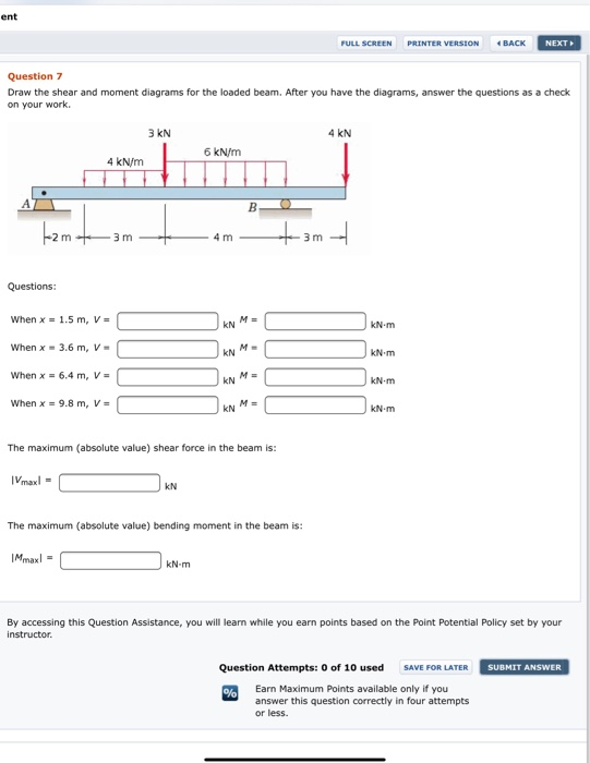 ent Question 7 Draw the shear and moment diagrams for the loaded beam. After you have the diagrams, answer the questions as a