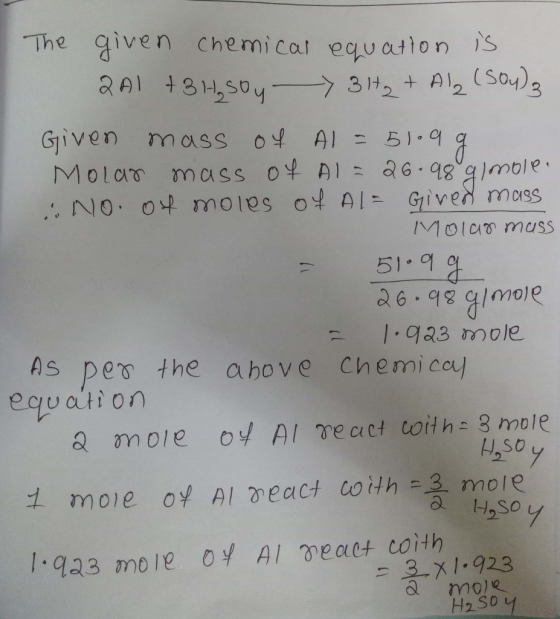 The given Chemical eu atton S (Sou) AI 4812504 3 t2 + A12 Given mass of Al = 51.9 MOlar mass ot A1 26.98 9Imole .. NO. 04 mol